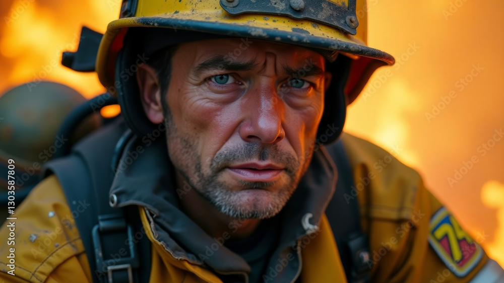 Tired and Serious Middle Age Firefighter Man in Protective Equipment with Fire on Background, Emergency Response Job Tired and Serious Middle Age Firefighter Man in Protective Equipment with Fire on Background, Emergency Response Job