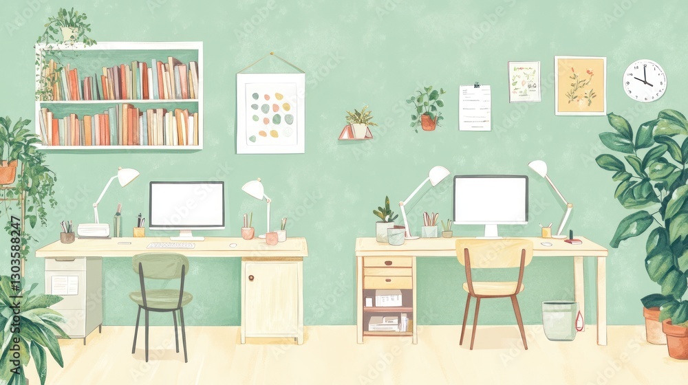 Home office interior, minimalist design, two desks, plants, calm atmosphere, for a stock photo Home office interior, minimalist design, two desks, plants, calm atmosphere, for a stock photo