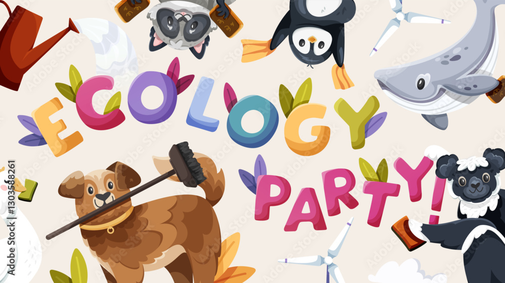 Fototapeta premium Colorful illustration with animals and birds grouped around the bold colorful text, representing unity and care for the environment, ecology banner, vector illustration on a beige background