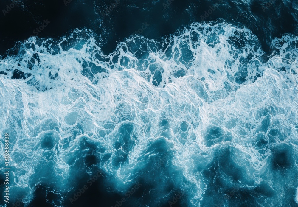 Obraz premium Turbulent Ocean Waves Displaying Beautiful Patterns with Bright Foamy Crests Underneath the Clear Blue Sky Captured from Above