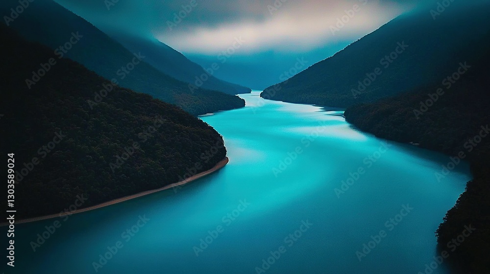 Mountains surround water beneath cloudy sky Skyline present in photo Mountains surround water beneath cloudy sky Skyline present in photo
