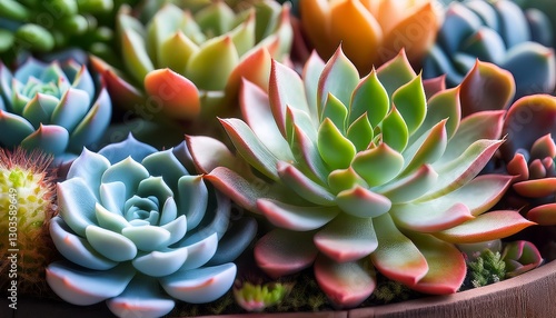 Wallpaper Mural A beautifully detailed close-up of various succulent plants, showing the intricate textures and vibrant colors of their fleshy leaves. The natural light enhances the soft, calming feel of the plant Torontodigital.ca