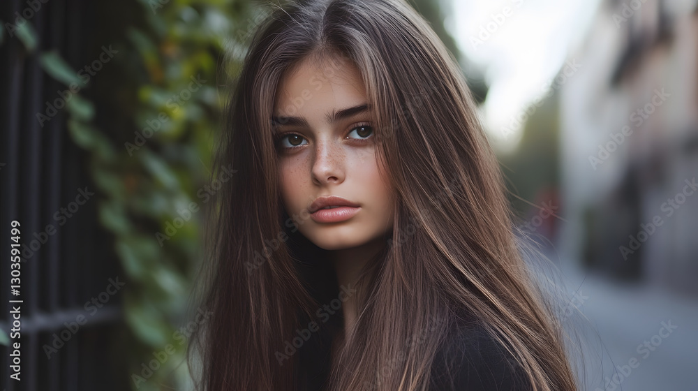 Portrait of a young woman with long hair, fair skin, and freckles in an outdoor setting with soft lighting. She has a contemplative expression. Portrait of a young woman with long hair, fair skin, and freckles in an outdoor setting with soft lighting. She has a contemplative expression.