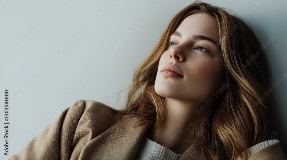 Naklejka premium Serene woman with tan coat gazes up; light brown wavy hair, soft lips, and natural makeup in a thoughtful pose