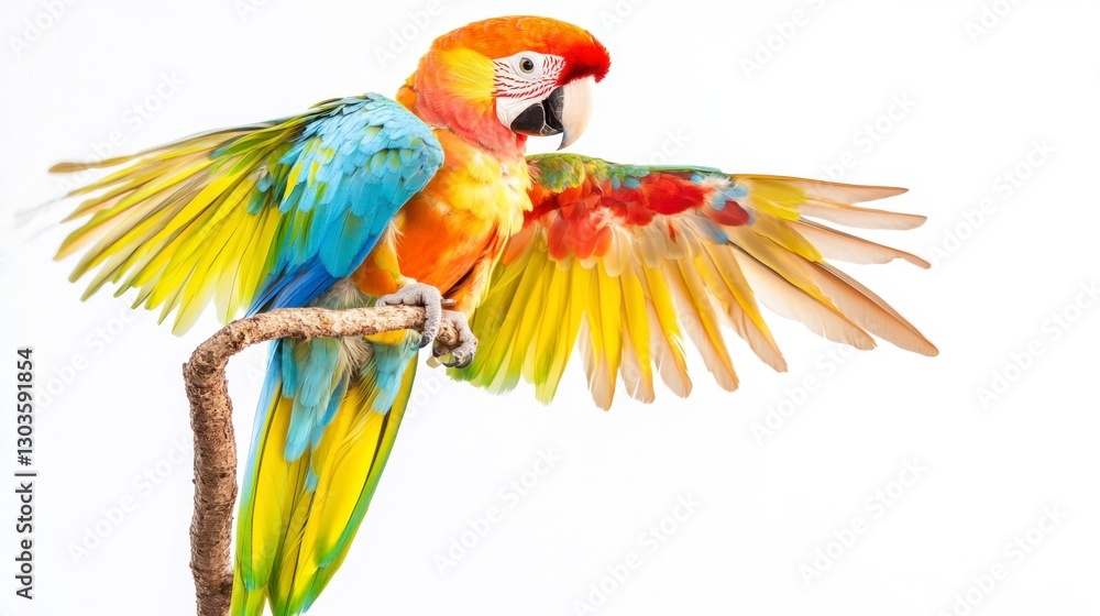 Obraz premium Radiant Macaw Showcasing Vibrant Plumage and Perched Elegantly Against a Bright Backdrop