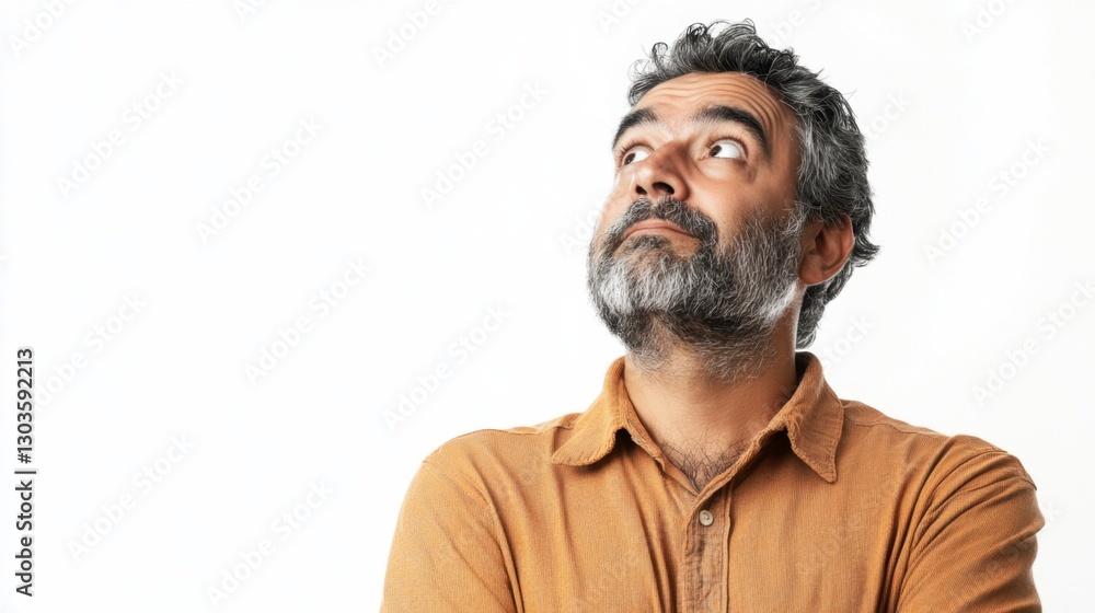 Middle-aged man with graying beard looking upwards thoughtfully, wearing brown corduroy shirt on white background Middle-aged man with graying beard looking upwards thoughtfully, wearing brown corduroy shirt on white background