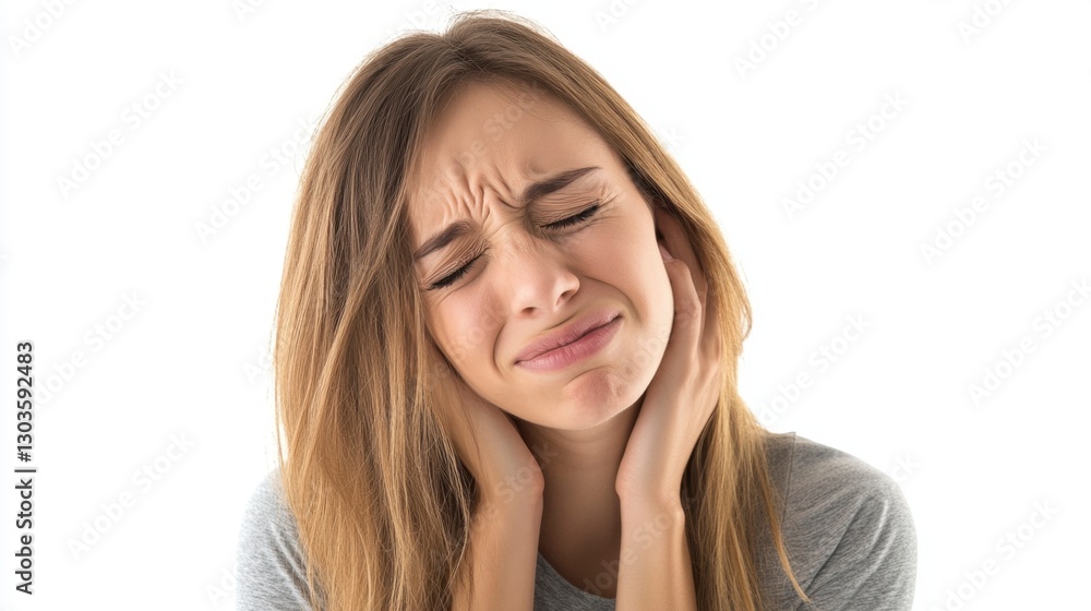 Young woman experiences severe ear pain, clutching her head in discomfort and wincing against a plain white background. Young woman experiences severe ear pain, clutching her head in discomfort and wincing against a plain white background.