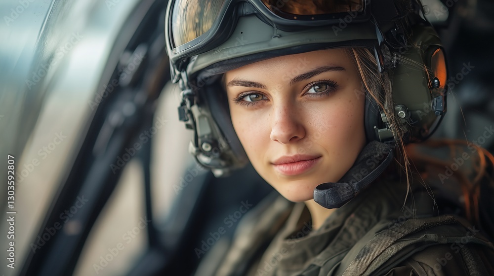 Portrait of an attractive female military pilot in full flight gear. Portrait of an attractive female military pilot in full flight gear.