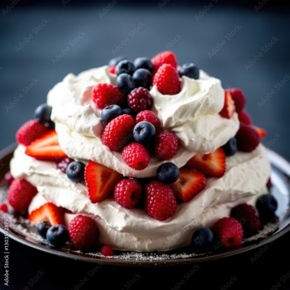 Layered dessert with whipped cream, fresh strawberries, raspberries, and blueberries on a dark background. Layered dessert with whipped cream, fresh strawberries, raspberries, and blueberries on a dark background.