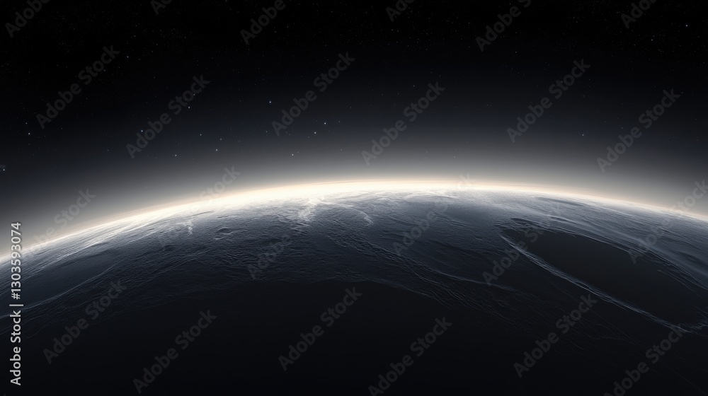 Fototapeta premium Serene View of Earth’s Curvature Illuminated by Sunlight Against a Starry Background in a Cosmic Atmosphere