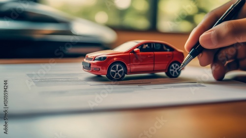 Signing Car Insurance Red Car Model on Contract, insurance, auto