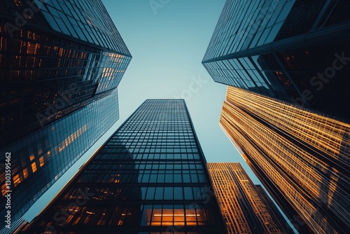 Tall skyscrapers rise into the sky