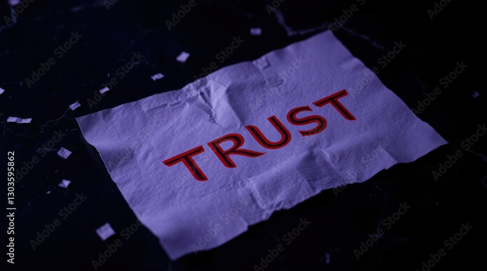 Fototapeta premium The crumpled paper with the word 'TRUST' in red letters represents the fragility and importance of belief.