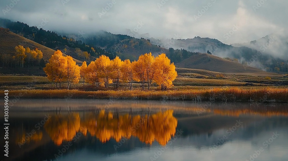 Fototapeta premium Water with trees and a mountain in the foreground, clouds in the sky