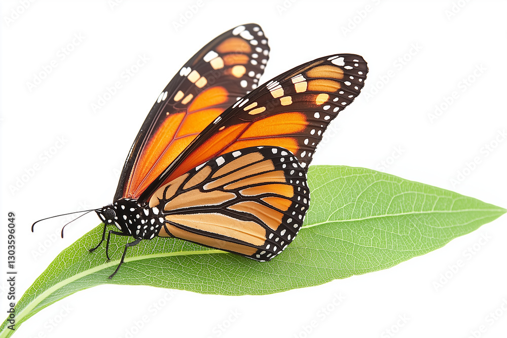 Naklejka premium Monarch butterfly on milkweed green leaf isolated on white background