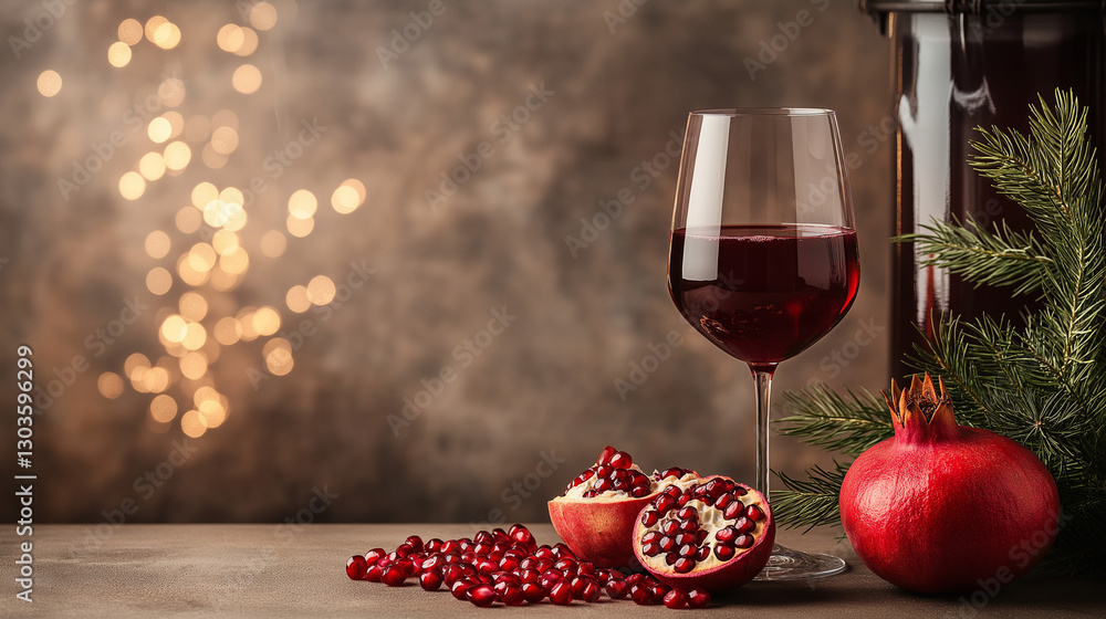 A cozy holiday-themed setting with a glass of pomegranate wine, fresh pomegranates, and warm festive lights. A cozy holiday-themed setting with a glass of pomegranate wine, fresh pomegranates, and warm festive lights.