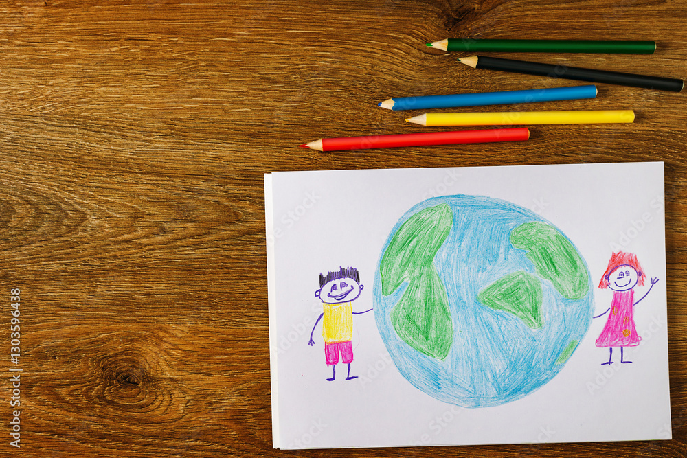 Children's drawing of boy and girl holding hands, with colored pencils on a wooden table top view. Unity, environment and childhood creativity concept