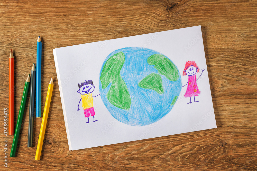 Top view of a children's drawing of a boy and girl holding hands, with colored pencils on a wooden desk. Concept of unity, environment and childhood creativity