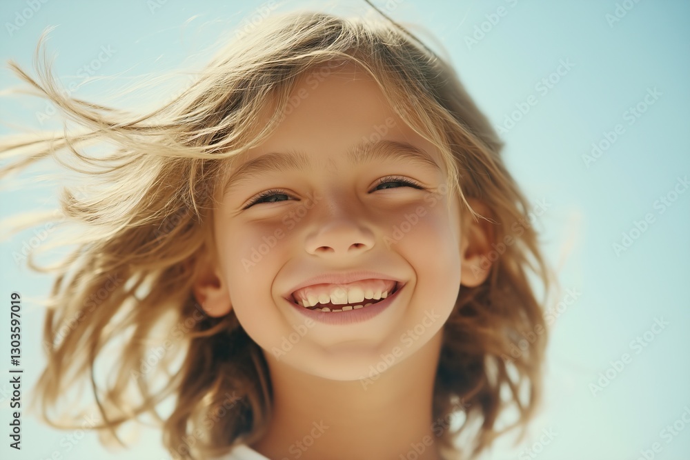 Happy cute child on a blue sky background Happy cute child on a blue sky background