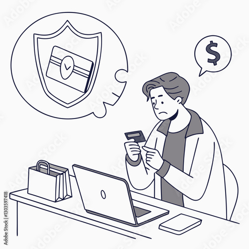 Vector Money transfer error fraud, man got money blocked while working inside office with laptop. Worker upset and worried holding bank credit card in hands