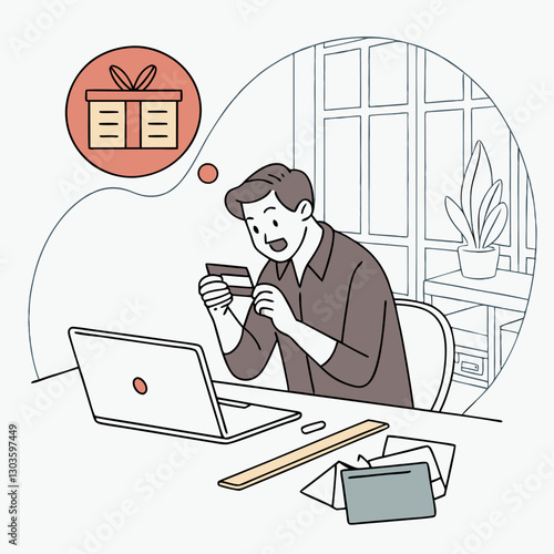 Vector Money transfer error fraud, man got money blocked while working inside office with laptop. Worker upset and worried holding bank credit card in hands