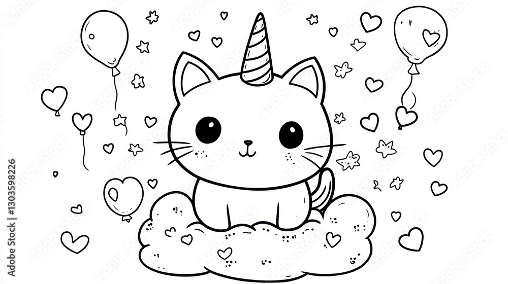 Naklejka premium Cute unicorn cat coloring page with clouds and balloons