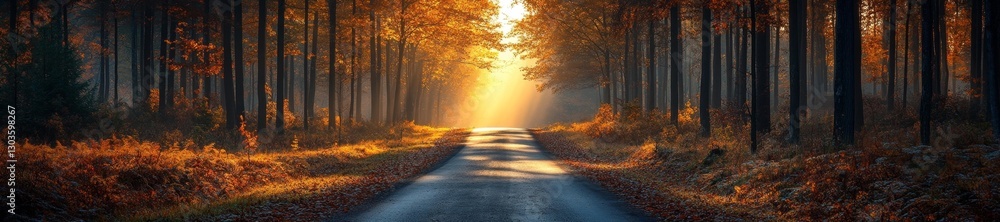 Obraz premium Beautiful Autumn Road with Sunlight Breaking Through Trees in the Forest. Generative AI