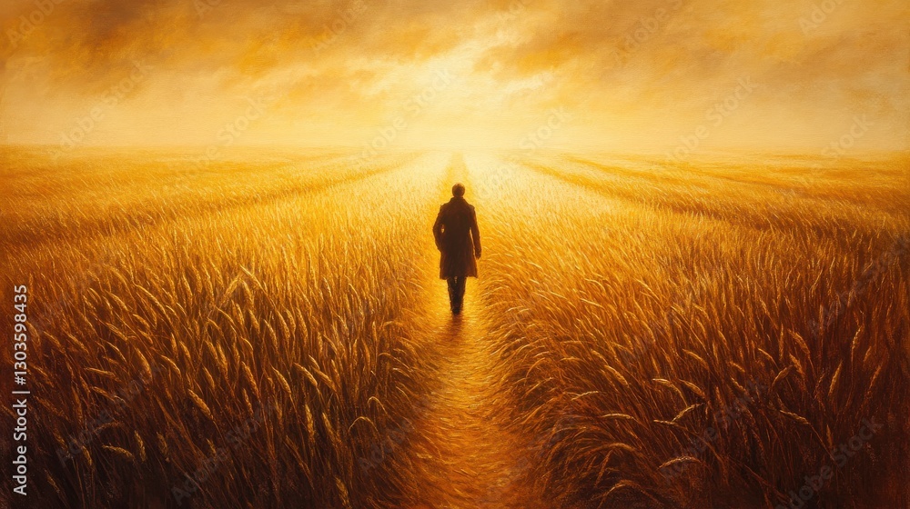 Fototapeta premium Person Walking Through Golden Field Under Dramatic Sky at Sunset