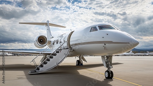 A close-up view of a private jet with extended stairs on the airport tarmac under a partly cloudy sky, emphasizing luxury and convenience in air travel photo