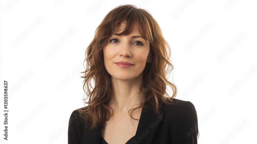 Confident brunette with wavy hair in business jacket poses against a white background Confident brunette with wavy hair in business jacket poses against a white background