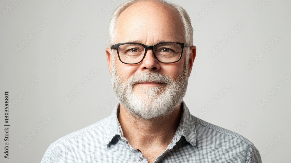 Portrait of older gentleman with distinguished features, eyeglasses and button-down shirt against a neutral background. Portrait of older gentleman with distinguished features, eyeglasses and button-down shirt against a neutral background.