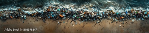 Panoramic view of a contaminated beach covered with plastic debris and oil stains. Generative AI photo