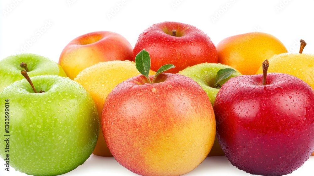 Pile of Fresh, Colorful Apples with Water Droplets on White Background Pile of Fresh, Colorful Apples with Water Droplets on White Background