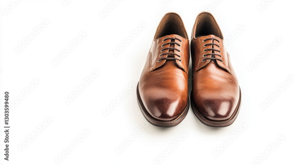 Polished brown leather dress shoes elegantly arranged on a clean white background, highlighting craftsmanship and style. Polished brown leather dress shoes elegantly arranged on a clean white background, highlighting craftsmanship and style.