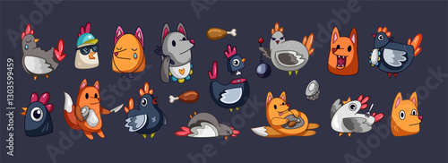 A series of whimsical and humorous characters depicting foxes and chickens, some interacting with food like eggs and drumsticks on a dark background, vector illustration
