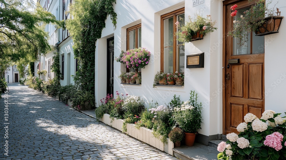 Fototapeta premium Charming cobblestone street adorned with vibrant flowers and welcoming doorways in a tranquil neighborhood setting. Generative AI