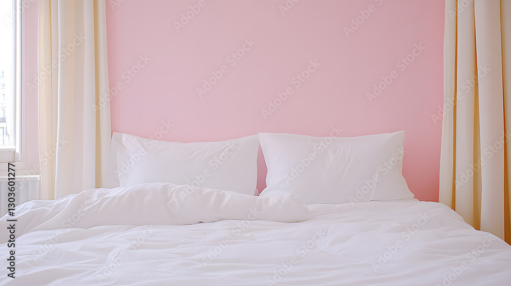 Obraz premium Serene Bedroom Setting: A cozy bed with white linens and pillows against a soft pink wall. A peaceful and inviting atmosphere.