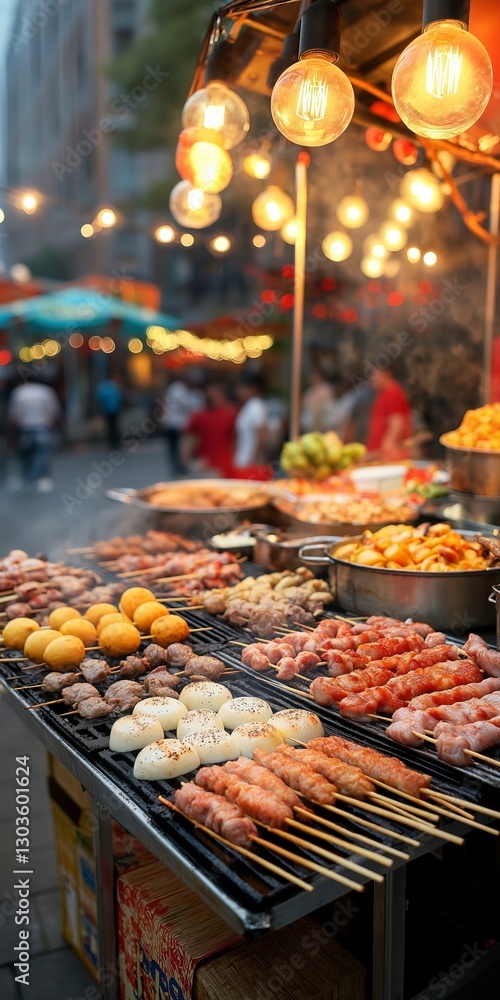 Naklejka premium Vibrant street food market offering an array of grilled delights at dusk in a bustling urban setting. Generative AI