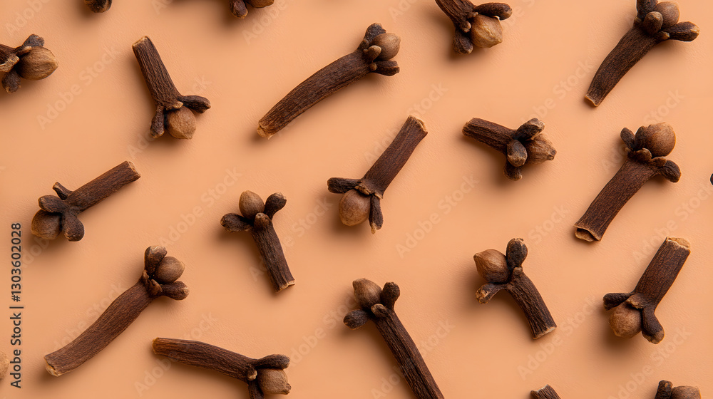 Aromatic spice cloves scattered on a light brown surface, showcasing their unique shape and dark color. Ideal for culinary or aromatherapy concepts. Aromatic spice cloves scattered on a light brown surface, showcasing their unique shape and dark color. Ideal for culinary or aromatherapy concepts.