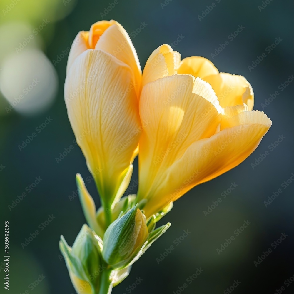 Freesia flower, showcasing its vibrant yellow petals opening beneath the sunlight Freesia flower, showcasing its vibrant yellow petals opening beneath the sunlight
