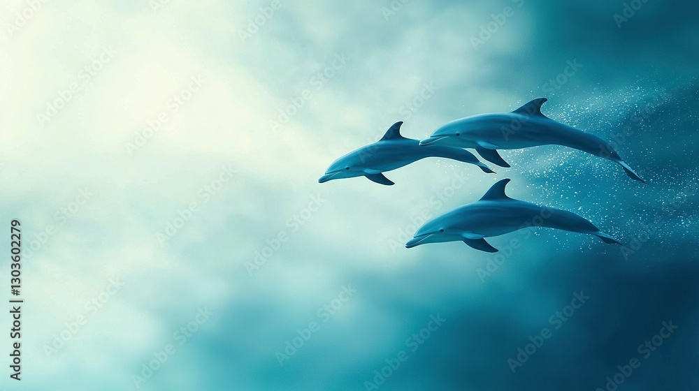 Obraz premium In the image, three dolphins swim in the ocean with a cloudy background It depicts two dolphins swimming in the ocean