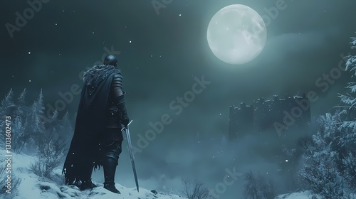 A brave knight stands in a snow-covered landscape, sword drawn, ready to defend his castle under a full moon. Dreamscape - Forest. Illustration