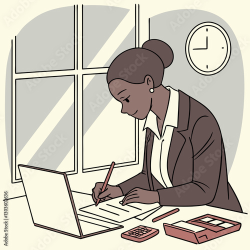 Vector Portrait of a young successful businesswoman financier at her workplace inside the office. Accountant doing paperwork looking at camera, filling out tax forms, filling out reports