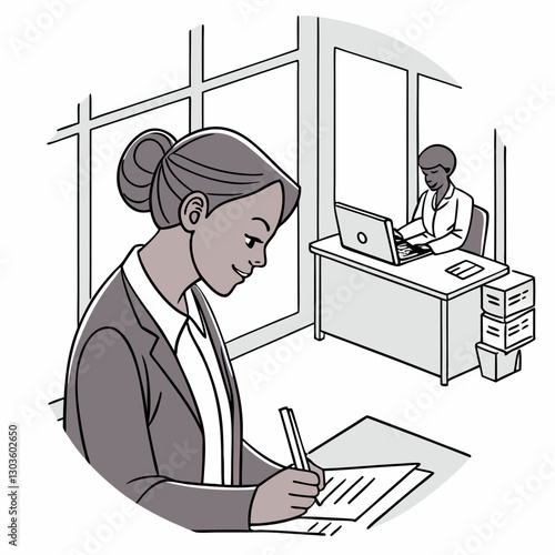 Vector Portrait of a young successful businesswoman financier at her workplace inside the office. Accountant doing paperwork looking at camera, filling out tax forms, filling out reports