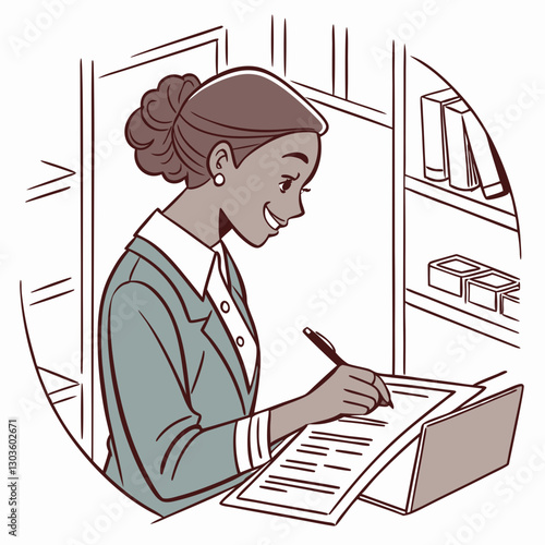 Vector Portrait of a young successful businesswoman financier at her workplace inside the office. Accountant doing paperwork looking at camera, filling out tax forms, filling out reports