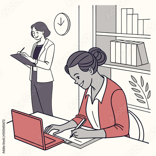 Vector Portrait of a young successful businesswoman financier at her workplace inside the office. Accountant doing paperwork looking at camera, filling out tax forms, filling out reports
