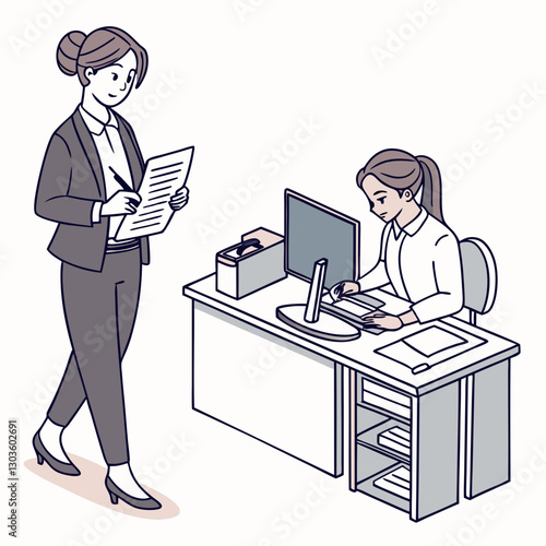 Vector Portrait of a young successful businesswoman financier at her workplace inside the office. Accountant doing paperwork looking at camera, filling out tax forms, filling out reports