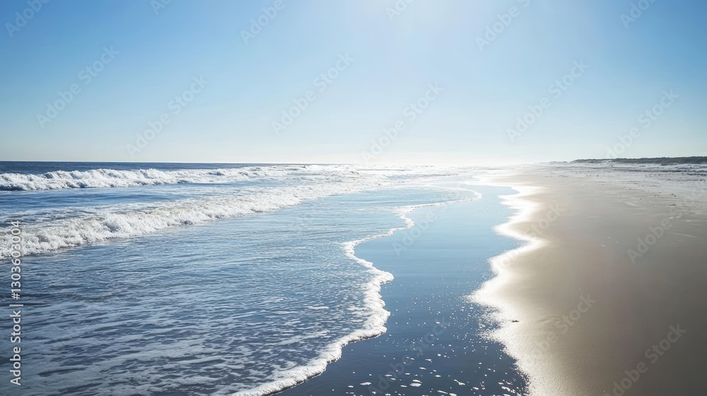 Fototapeta premium Serene Coastal Landscape: Waves Gently Kissing the Sandy Shore Under a Bright Sunny Sky
