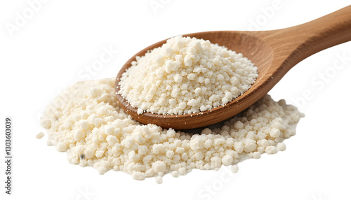 A wooden spoon filled with organic coconut flour, showcasing its natural texture and fine grain, isolated on a white background with clean clipping, side view, ideal for health, baking, and organic fo