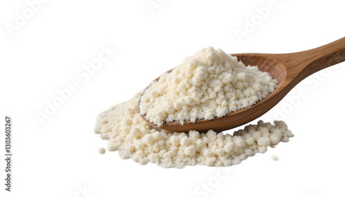 A wooden spoon filled with organic coconut flour, showcasing its natural texture and fine grain, isolated on a white background with clean clipping, side view, ideal for health, baking, and organic fo